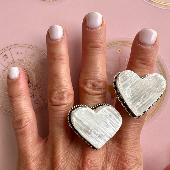 925 RAW Selenite Heart Crystal Charge Ring 5 6 7 8 9 10.5 - Picture 3 of 9